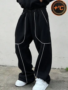 SHEIN 返校季 13-16 歲青少年男孩休閒街頭風黑色拼接線條寬鬆寬腿運動長褲，保暖冷色調拼色飾邊抓絨內裡慢跑褲，適合春秋日常上學、街頭穿搭與戶外運動 - 黑色 - 查看 4