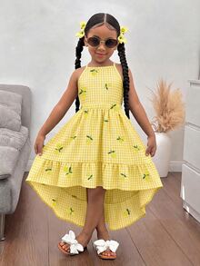 SHEIN 少女檸檬印花荷葉袖長洋裝，適合夏季度假、假日、海灘度假，花卉風格 - 黃色 - 查看 2