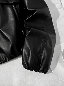 SHEIN 青少年女孩拉鍊 PU 皮革短版夾克 - 黑色 - 查看 6
