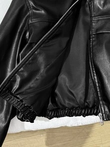 SHEIN 青少年女孩拉鍊 PU 皮革短版夾克 - 黑色 - 查看 7
