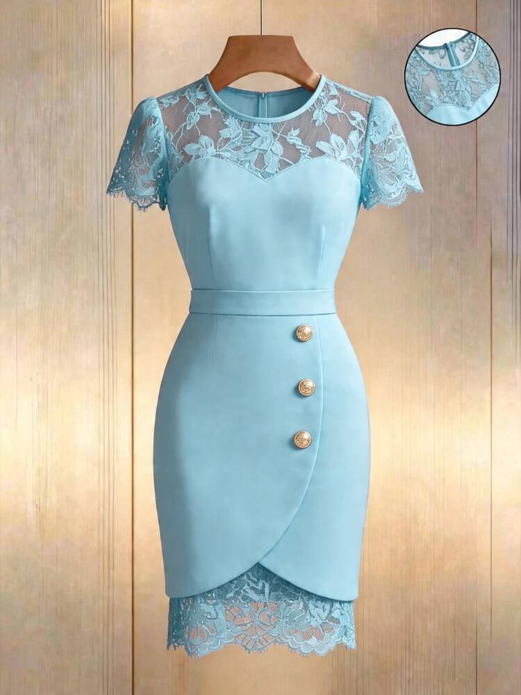 Selianne Spring/Summer New Elegant Fitted Contrast Lace Sheer Sweetheart Neck Low-Cut Cinched Waist Sexy Bodycon Mini Dress For Women - Baby Blue - View 5