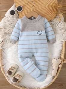 SHEIN Newborn Blue & White Classic Striped Knit Romper, Round Neck Long Sleeve Footed Jumpsuit With Bear Embroidery - Multicolor - View 3