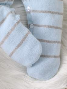 SHEIN Newborn Blue & White Classic Striped Knit Romper, Round Neck Long Sleeve Footed Jumpsuit With Bear Embroidery - Multicolor - View 8