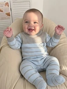 SHEIN Newborn Blue & White Classic Striped Knit Romper, Round Neck Long Sleeve Footed Jumpsuit With Bear Embroidery - Multicolor - View 1