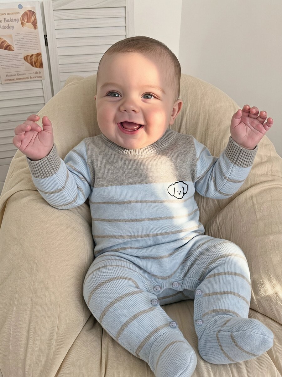 SHEIN Newborn Blue & White Classic Striped Knit Romper, Round Neck Long Sleeve Footed Jumpsuit With Bear Embroidery - Multicolor - View 1