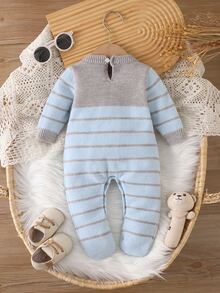 SHEIN Newborn Blue & White Classic Striped Knit Romper, Round Neck Long Sleeve Footed Jumpsuit With Bear Embroidery - Multicolor - View 2