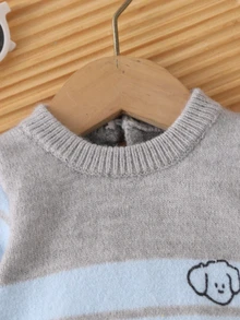 SHEIN Newborn Blue & White Classic Striped Knit Romper, Round Neck Long Sleeve Footed Jumpsuit With Bear Embroidery - Multicolor - View 4
