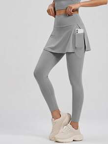 SHEIN Cheerettes 女款純色休閒日常旅行運動緊身灰色裙褲，柔軟彈性面料，透氣吸濕排汗，側開衩雙口袋，健身適用 - 灰色 - 查看 2