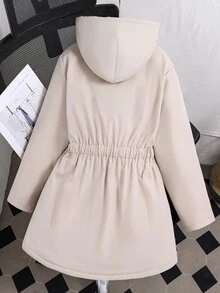 SHEIN 女款時尚中長版連帽收腰保暖內裡加厚外套，長袖，抓絨，冬季，寬鬆版型，舒適適合日常通勤 - 卡其色 - 查看 3