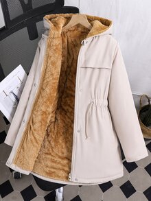 SHEIN 女款時尚中長版連帽收腰保暖內裡加厚外套，長袖，抓絨，冬季，寬鬆版型，舒適適合日常通勤 - 卡其色 - 查看 9