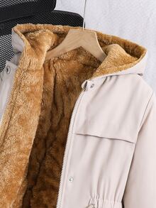 SHEIN 女款時尚中長版連帽收腰保暖內裡加厚外套，長袖，抓絨，冬季，寬鬆版型，舒適適合日常通勤 - 卡其色 - 查看 6