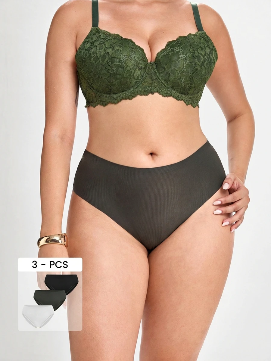 Slumbrini 3pcs Plus Size Women's Solid Color Basic Lace Sexy Briefs, Comfortable For Home & Sports - Multicolor - View 1