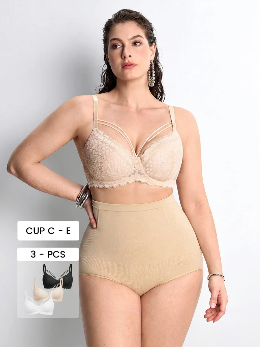 3pcs Plus Size Lace Bras, Comfortable Underwire Bras For Women