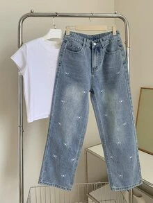 DAZY Casual Washed Bow Embroidery Straight Leg Jeans Cute Tops - Blue - View 6