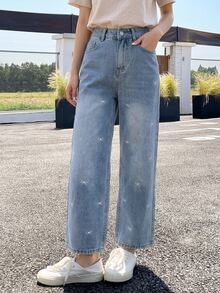 DAZY Casual Washed Bow Embroidery Straight Leg Jeans Cute Tops - Blue - View 11