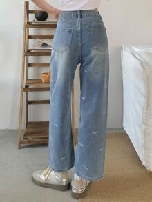 DAZY Casual Washed Bow Embroidery Straight Leg Jeans Cute Tops - Blue - View 5