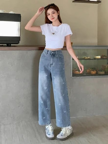 DAZY Casual Washed Bow Embroidery Straight Leg Jeans Cute Tops - Blue - View 2