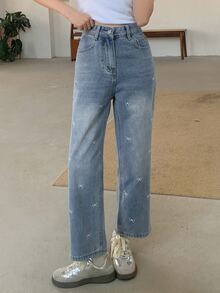 DAZY Casual Washed Bow Embroidery Straight Leg Jeans Cute Tops - Blue - View 4