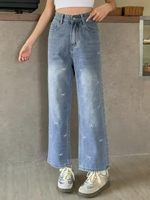 DAZY Casual Washed Bow Embroidery Straight Leg Jeans Cute Tops - Blue - View 8