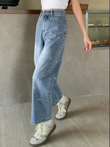 DAZY Casual Washed Bow Embroidery Straight Leg Jeans Cute Tops - Blue - View 9