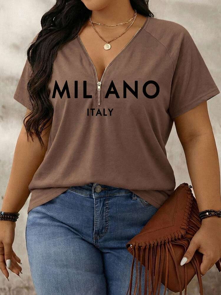 Comfylo Plus Size Brown Letter Print V-Neck Half-Zip Short Sleeve T-Shirt - Suitable For Commuting, Formal Occasions, Autumn/Winter New Arrival - Brown - View 1