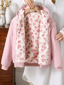 SHEIN 青少年女孩純色拉鍊夾克，附保暖內裡與刺繡，舒適百搭秋冬外套 - 粉色 - 查看 6