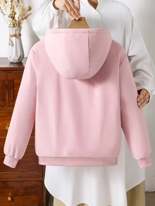 SHEIN 青少年女孩純色拉鍊夾克，附保暖內裡與刺繡，舒適百搭秋冬外套 - 粉色 - 查看 2