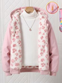 SHEIN 青少年女孩純色拉鍊夾克，附保暖內裡與刺繡，舒適百搭秋冬外套 - 粉色 - 查看 1