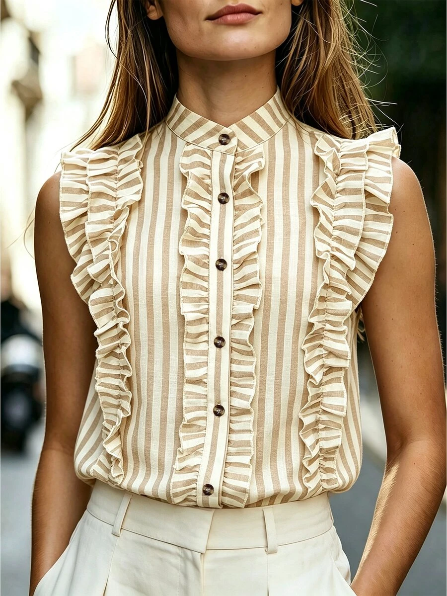SHEIN Franclia 女款米色荷葉邊單排扣休閒法式優雅日常穿著襯衫,適合早午餐、辦公室、夏季 - 杏色 - 查看 1