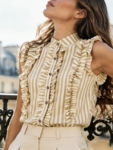 SHEIN Franclia 女款米色荷葉邊單排扣休閒法式優雅日常穿著襯衫，適合早午餐、辦公室、夏季 - 杏色 - 查看 6