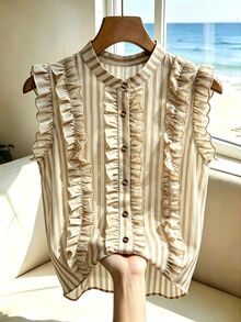SHEIN Franclia 女款米色荷葉邊單排扣休閒法式優雅日常穿著襯衫，適合早午餐、辦公室、夏季 - 杏色 - 查看 3