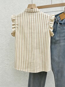 SHEIN Franclia 女款米色荷葉邊單排扣休閒法式優雅日常穿著襯衫，適合早午餐、辦公室、夏季 - 杏色 - 查看 2