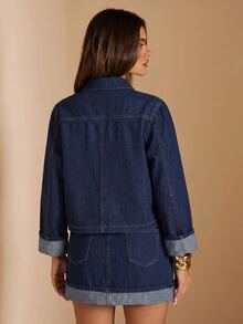 SHEIN Tall Damen einreihiges Taschenhemd und Denim-Minirock Set Urlaub Nacht Alltag Marineblau Herbst Streetwear Lässig Arbeitsoutfits Streetwear - Blau - Übersicht 3
