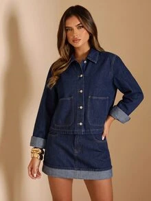 SHEIN Tall Damen einreihiges Taschenhemd und Denim-Minirock Set Urlaub Nacht Alltag Marineblau Herbst Streetwear Lässig Arbeitsoutfits Streetwear - Blau - Übersicht 6