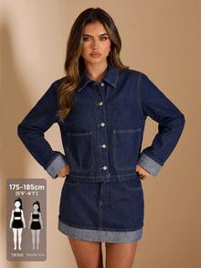 SHEIN Tall Damen einreihiges Taschenhemd und Denim-Minirock Set Urlaub Nacht Alltag Marineblau Herbst Streetwear Lässig Arbeitsoutfits Streetwear - Blau - Übersicht 8