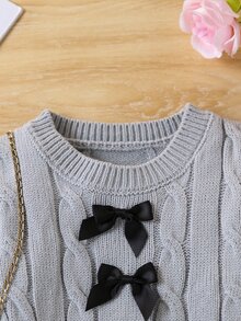 Gaun Rajut Lengan Panjang Leher Tinggi dengan Hiasan Pita untuk Anak Perempuan, Cocok untuk Musim Gugur - Grey - View 4