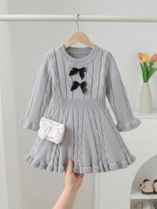 Gaun Rajut Lengan Panjang Leher Tinggi dengan Hiasan Pita untuk Anak Perempuan, Cocok untuk Musim Gugur - Grey - View 9