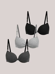 Veilyse 3pcs/Set Women's Comfortable Colorful Wireless Cotton Soft Cup Push Up Bra Set, Suitable For Small Bust - Multicolor - View 2