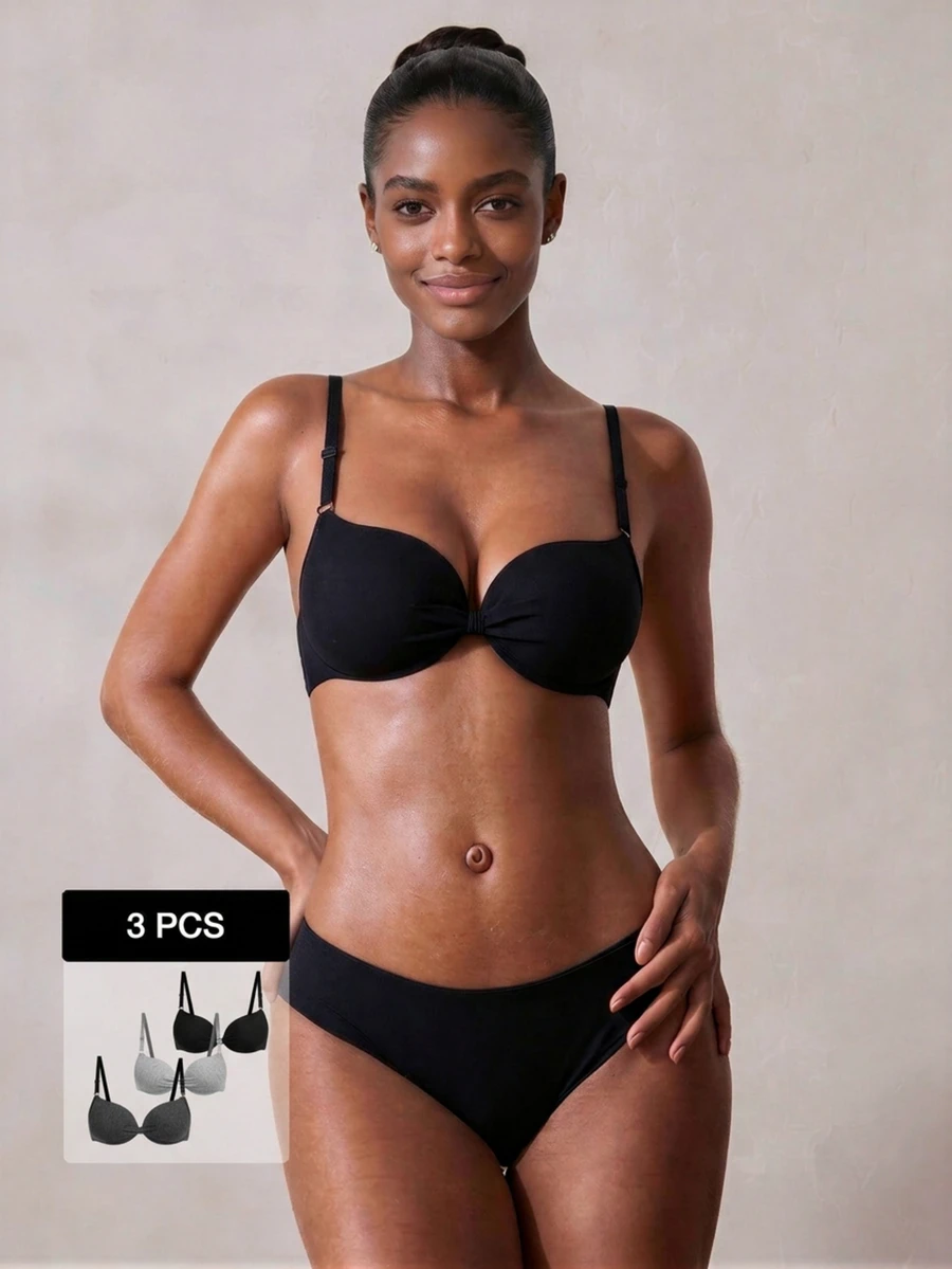 Veilyse 3pcs/Set Women's Comfortable Colorful Wireless Cotton Soft Cup Push Up Bra Set, Suitable For Small Bust - Multicolor - View 1
