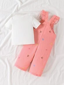 SHEIN 0-3歲春夏秋全印花粉色繽紛蝴蝶結圖案吊帶褲純色短袖上衣套裝 拍照用 親子套裝 可愛 - 粉色 - 查看 3