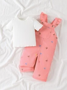 SHEIN 0-3歲春夏秋全印花粉色繽紛蝴蝶結圖案吊帶褲純色短袖上衣套裝 拍照用 親子套裝 可愛 - 粉色 - 查看 5