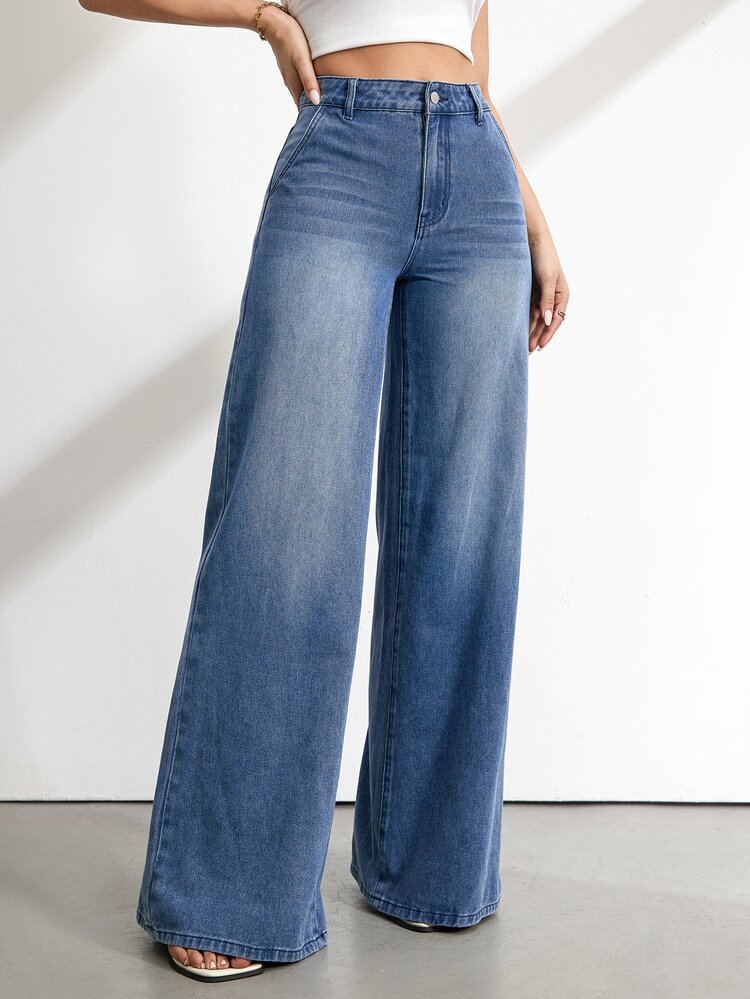 SHEIN ICON Women's Casual Versatile Daily Travel Denim Jeans With Pockets And Buttons - Blue - View 3