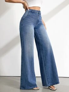 SHEIN ICON 女款休閒百搭日常旅行牛仔褲，附口袋與鈕扣設計 - 藍色 - 查看 4