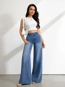 SHEIN ICON 女款休閒百搭日常旅行牛仔褲，附口袋與鈕扣設計 - 藍色 - 查看 6