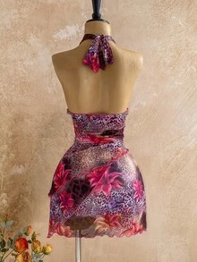Soleia 女士性感豹纹花卉印花露背挂脖迷你连衣裙，度假风 - 彩色 - 查看 2