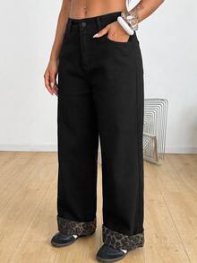 SHEIN PETITE 女款休閒趣味街頭風百搭牛仔褲，附口袋與鈕扣，適合日常旅行與夜晚外出，黑色豹紋秋季女裝套裝 - 藍色 - 查看 4