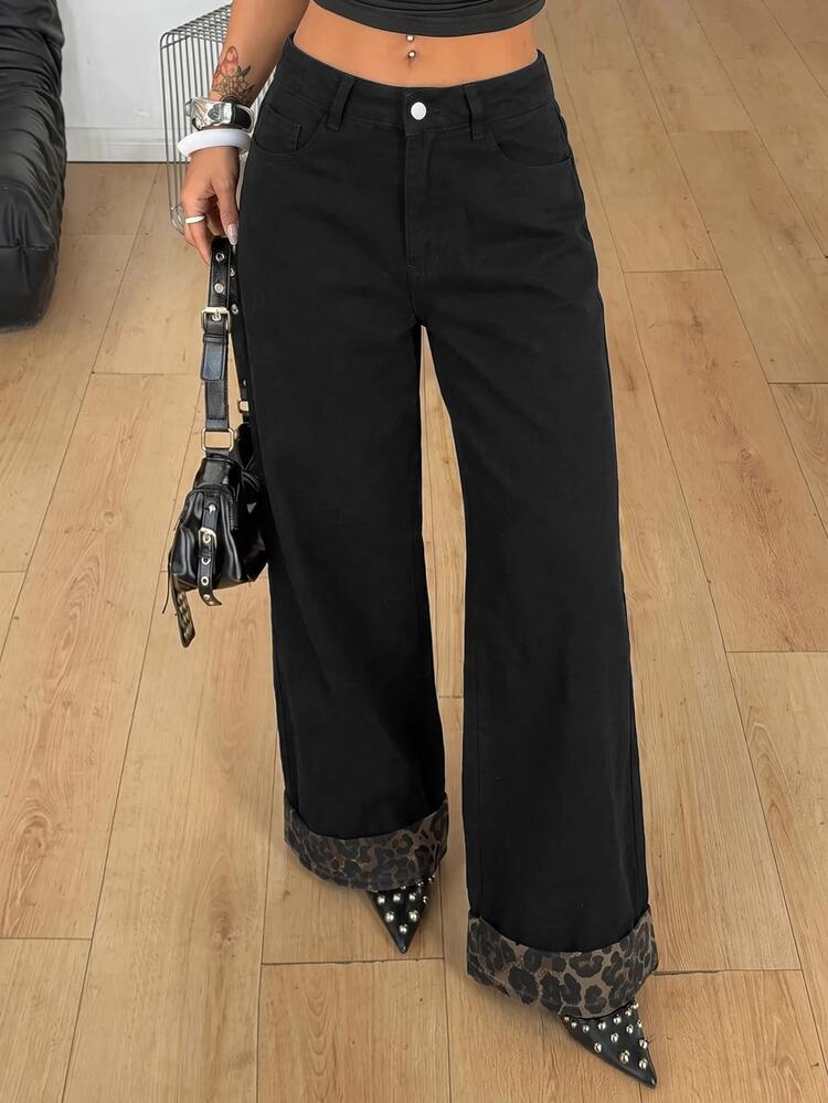 SHEIN PETITE Women's Casual Funny Street Wear Versatile Daily Travel Denim Jeans With Pockets Buttons Night Out Black Leopard Print Autumn Outfit For Women - Blue - View 5