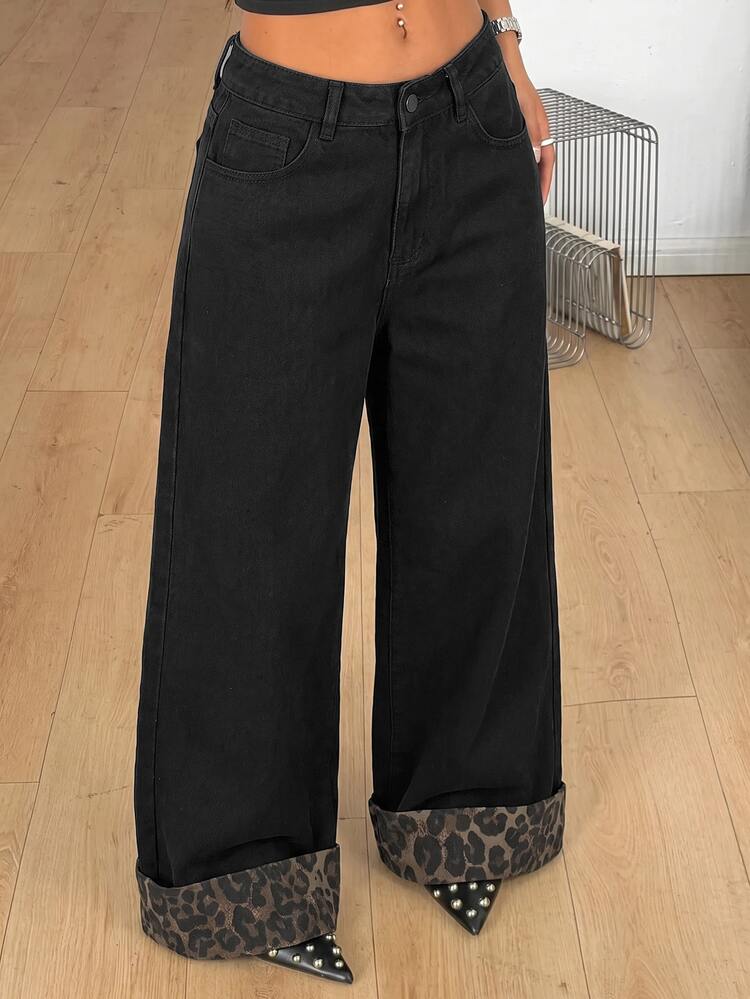 SHEIN PETITE Women's Casual Funny Street Wear Versatile Daily Travel Denim Jeans With Pockets Buttons Night Out Black Leopard Print Autumn Outfit For Women - Blue - View 7