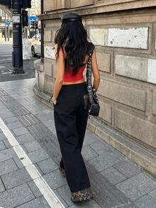 SHEIN PETITE 女款休閒趣味街頭風百搭牛仔褲，附口袋與鈕扣，適合日常旅行與夜晚外出，黑色豹紋秋季女裝套裝 - 藍色 - 查看 3