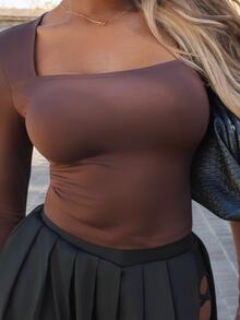 Neverly Edit Neverly Edit Women's Coffee Brown Autumn Seksi Chic Night Out Fall/Winter Minimalist Y2K Basic Daily Wear Stretchy Comfortable Bustier Square Neck Long Sleeve Tees - Brown - View 5